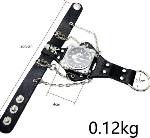 Vista 9 de Reloj de moda Hip-Hop Punk Skull para hombres y mujeres, reloj de pulsera de cuero ancho negro, estilo fresco, cadenas y guante de locomotora