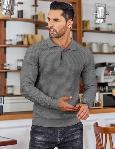 Vista 2 de COOFANDY Polo de punto para hombre, de manga larga, ligero, a la moda, informal, con cuello