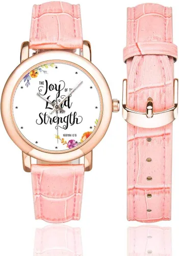 Vista 2 de InterestPrint Christian Bible Verse Lettering - Reloj de pulsera para mujer, chapado en oro rosa, correa de cuero rosa
