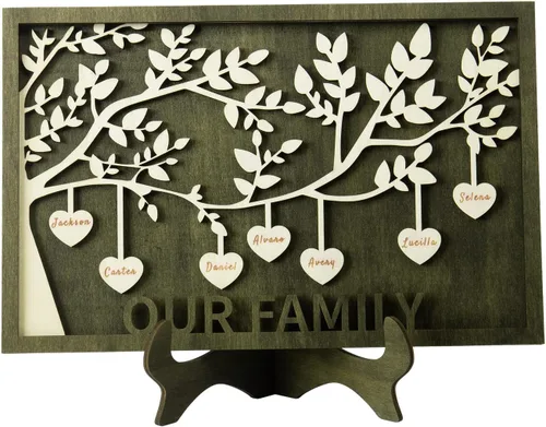 Vista 44 de Árbol genealógico con etiqueta de corazón, placas de madera grabadas personalizadas, regalos personalizados para madres, padres, escritorio, nombres