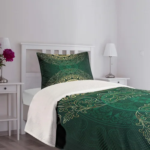Vista 7 de Lunarable Colcha verde cazador, estilo mandala oriental retro, patrón de remolinos antiguos, diseño de remolinos florales, decorativo, acolchado