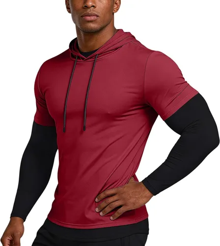 Vista 8 de Sudadera con capucha de secado rápido para hombre, manga larga, falsa de dos piezas, color sólido, camiseta atlética para entrenamiento y fitness