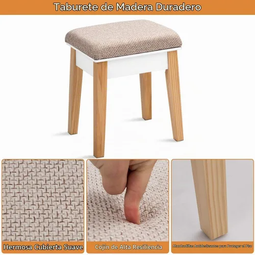 Vista 6 de GIANTEX - Juego de mesa de tocador con espejo redondo de altura ajustable, tocador con espejo de maquillaje con taburete acolchado, almacenamiento