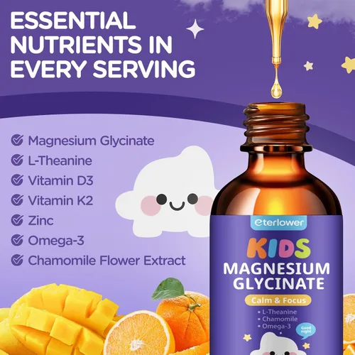 Vista 4 de Gotas líquidas de glicinato de magnesio para niños, magnesio para niños con L-teanina, omega-3, vitamina D3 K2, zinc para dormir, calma, relajación