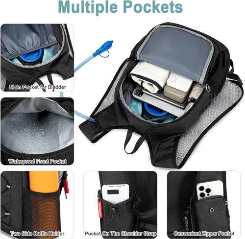 Vista 4 de BOVIP Mochila de hidratación ligera, mochila de senderismo multiusos de 15 litros con bolsa de agua de 1.5 L, mochila de agua hidráulica
