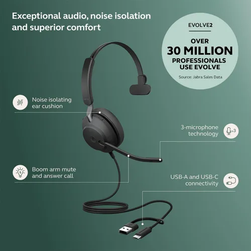 Vista 2 de Jabra Evolve2 40 SE (versión 2026) Auriculares mono con cancelación de ruido con cable - Cuenta con tecnología de llamada de 3 micrófonos y cable