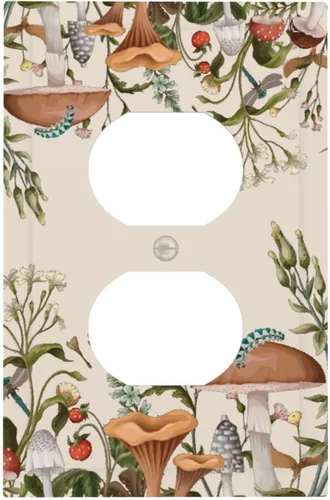 Vista 168 de Placa de Pared en Blanco de 1-Gang Sin Dispositivo Beige Lindo Vintage Boho de los 70s Hongo Fungus Planta Floral Botánica Libélula Interruptor