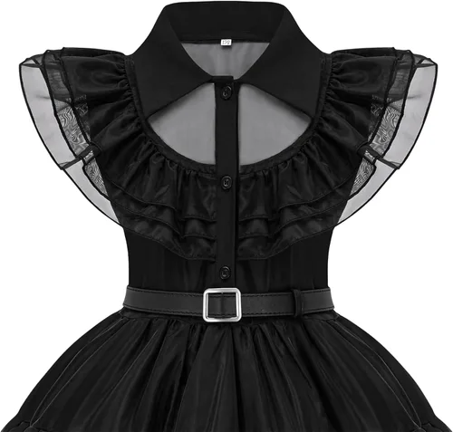 Vista 4 de GZ-LAOPAITOU Wednesday Costume Girls Black Wednesday Addams Dress for Kids Halloween Cosplay Party Dance Dresses 4-12Y