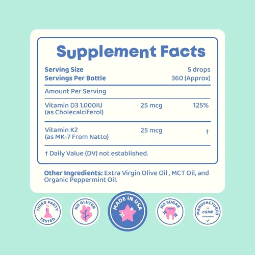 Vista 7 de JoySpring Vitamina D3 Kids Drops con K2 – Suplemento líquido para absorción de calcio y salud articular – 360 porciones (2 fl oz) – Vitamina D