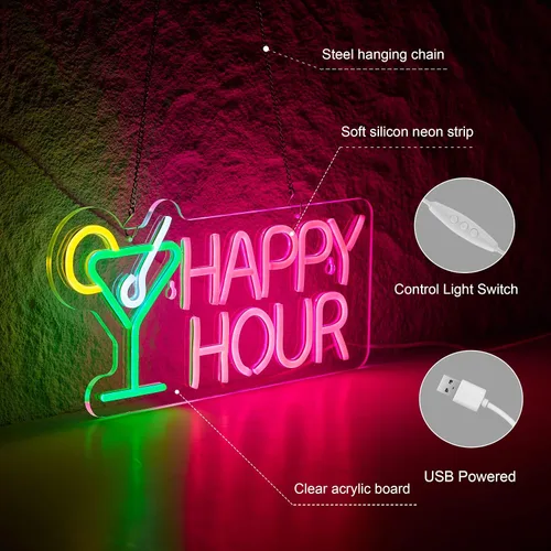 Vista 4 de Letrero de neón de barra de Happy Hour para decoración de pared con interruptor regulable, letrero de neón LED Happy Hour para dormitorio, cerveza