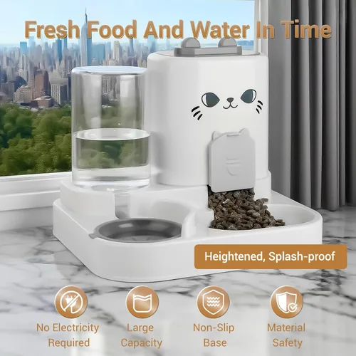 Vista 2 de Comedero para mascotas 2 en 1 por gravedad y dispensador de agua para gatos y perros, estación de comida para gatos de gran capacidad con cuenco
