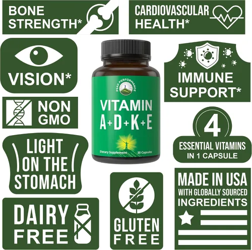 Vista 7 de Peak Performance Vitaminas D 5,000 UI + A + K + E Todo en 1 Cápsula Vegana Fácil de Tragar. Suplemento Vitamínico ADK con E D3 K2. Vitaminas