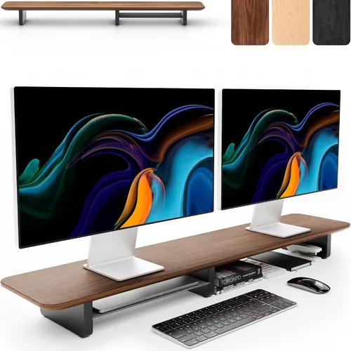 Vista 9 de KIVY Elevador de monitor doble con estante de metal integrado [hecho a mano], estante de escritorio de madera para 2 monitores, soporte largo ancho