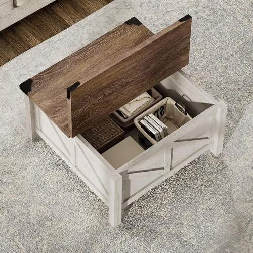 Vista 3 de WAMPAT Mesa de café cuadrada de granja con almacenamiento para sala de estar, mesa central de comedor de 30x30 pulgadas de madera con tapa abatible