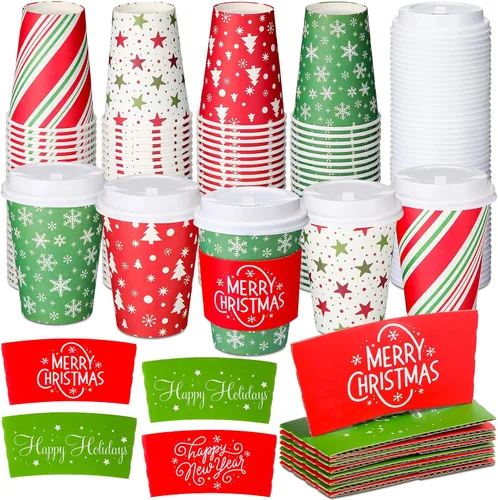 Vista 12 de Yungyan Paquete de 100 Tazas de Café Desechables de Navidad de 12 oz con Tapas y Mangas Tazas de Café de Papel Aisladas con Tapas Abovedadas