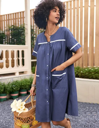 Vista 3 de Ekouaer Ropa de dormir para mujeres, camisón con broches frontales, bata de casa de algodón, manga corta, vestido de casa