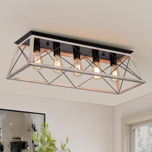 Vista 14 de 31.5" Flush Mount Ceiling Light Fixture, 5-Light Vintage Industrial Cage Chandelier for Dining Room, Kitchen Island, Living Room, Dimmable Semi