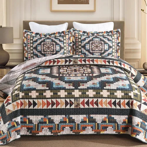 Vista 9 de MarCielo Juego de ropa de cama bohemia, colcha acolchada de 3 piezas, azul, King, poliéster