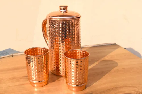 Vista 7 de Jarra de agua martillada de cobre puro con juego de 2 vasos, jarra de agua de cobre, capacidad de 50.7 onzas líquidas