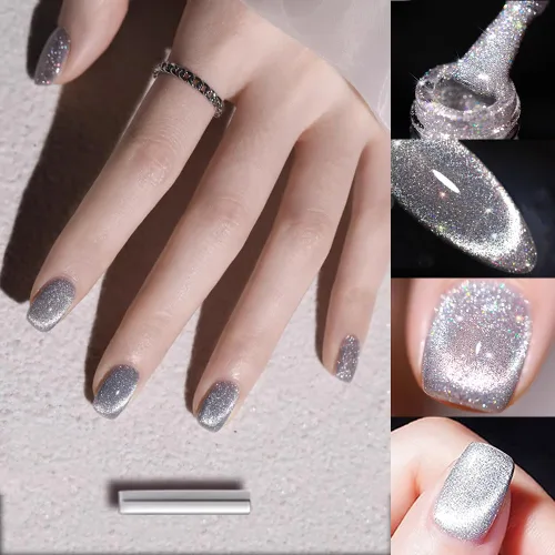 Vista 2 de VERONNI Esmalte de uñas de gel de ojo de gato con diamantes reflectantes, brillo plateado, ojo de gato, gel UV LED (E-01) con imán