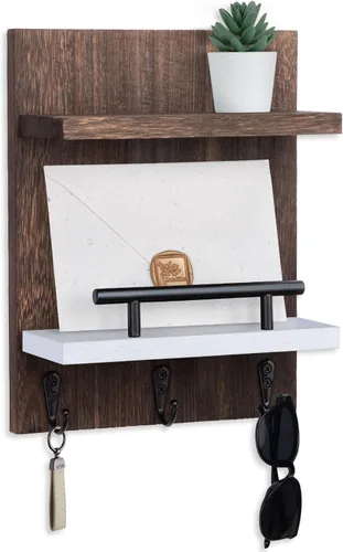 Vista 9 de Soporte de pared para llaves, decoración de estante de correo con 3 ganchos para llaves, organizador de pared de madera versátil para entrada