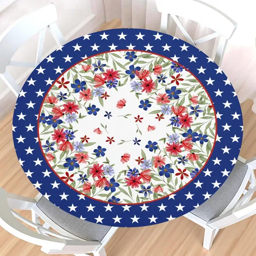 Vista 60 de Mantel redondo ajustable para el 4 de julio con borde elástico, impermeable, lavable, azul, rojo, blanco, estrella, patriótica, independencia, Día