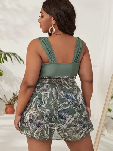 Vista 2 de MakeMeChic Traje de baño tankini de dos piezas con estampado de plantas para mujer