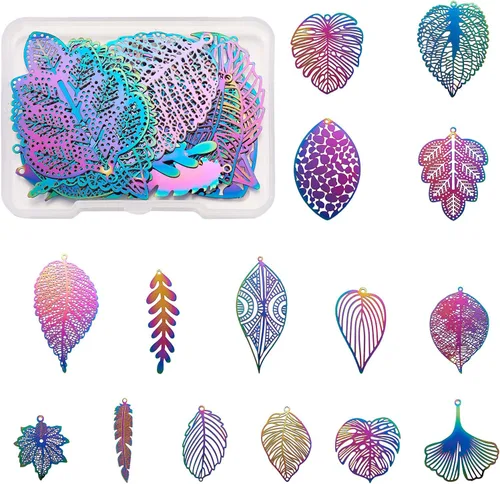 Vista 32 de FASHEWELRY 50 piezas de conectores de filigrana de mariposa de acero inoxidable, adornos de metal grabados con arco iris para fabricación de joyas