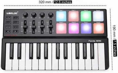 Vista 7 de Vangoa Controlador de Teclado MIDI 25 Teclas, Worlde Panda MINI Teclado USB Midi con Almohadillas de Percusión, Máquina Creadora de Ritmos, Negro