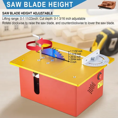 Vista 4 de Mini sierra de mesa de precisión de 360 W, sierras de mesa T60 Hobby para pequeñas manualidades de carpintería, profundidad de corte ajustable
