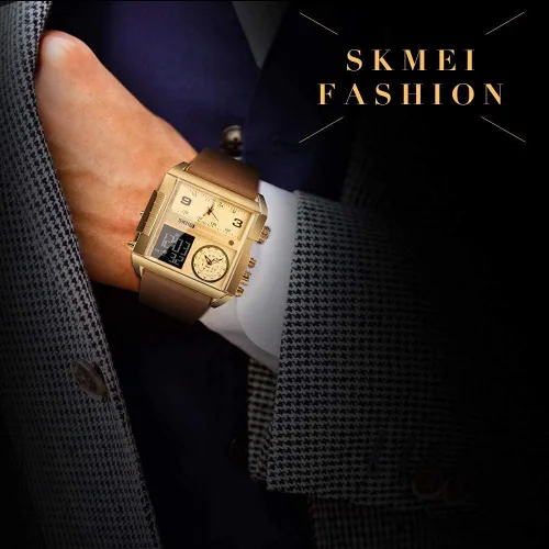 Vista 4 de SKMEI Relojes cuadrados para hombre, retroiluminación LED, pantalla grande, zona multihoraria, impermeable, analógico, reloj deportivo digital