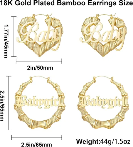 Vista 6 de Aretes de aro de bambú chapados en oro de 18 quilates para mujer, diseño de corazón redondo grande, estilo ghetto de los años 8090, accesorios