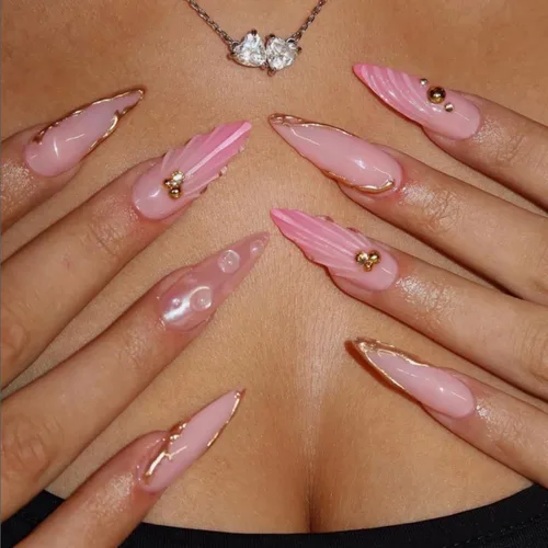 Vista 18 de NBNTGH Uñas postizas a presión de punta francesa blanca, uñas postizas de línea dorada, uñas postizas medianas con diseño de almendra, uñas postizas