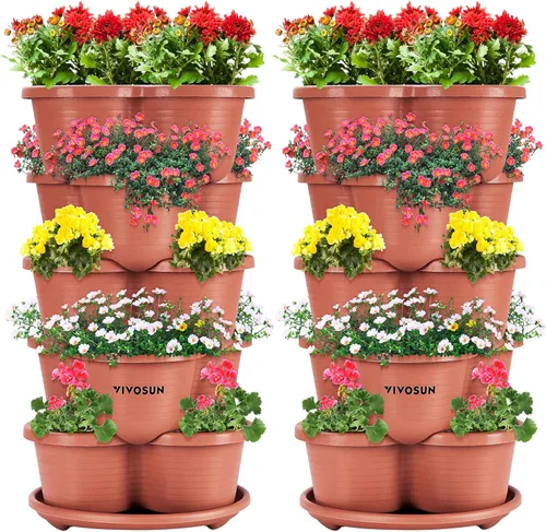 Vista 12 de VIVOSUN - Jardinera vertical apilable de 5 niveles para fresas, flores, hierbas y verduras, color marrón