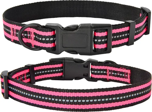 Vista 10 de Mile High Life - Collar para perro con rayas reflectantes 3M y correa de nailon, rojo, azul, verde, morado y rosa