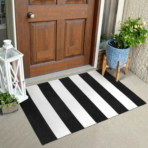 Vista 10 de KIMODE - Alfombra de algodón tejida con diseño a rayas en color negro, para puerta de entrada, cocina, decoración de estilo rústico