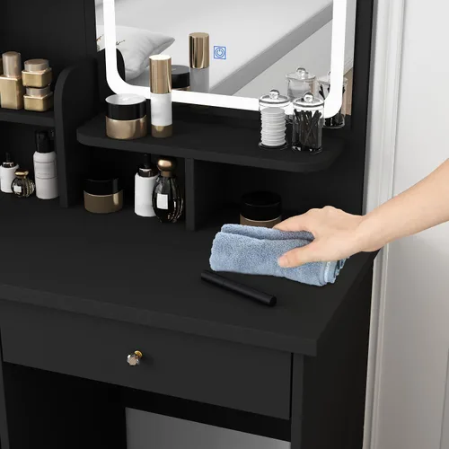 Vista 3 de Tocador con silla, tocador con espejo rectangular iluminado, 5 cajones y estantes, juego de tocador de maquillaje con almacenamiento