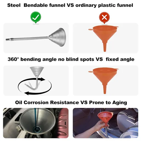 Vista 6 de Embudo universal de acero flexible con filtro y tubo flexible, galvanizado para todos los aceites automotrices, combustible diesel y otros líquidos