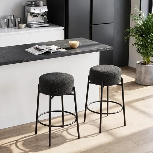 Vista 8 de Juego de 2 taburetes de bar modernos de altura de mostrador, taburetes de bar giratorios negros Boucle para isla de cocina, cómodas sillas tapizadas