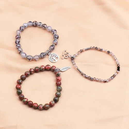 Vista 3 de UEUC - Pulseras Reiki, apilables, de piedras curativas, cristales, con dije del árbol de la vida, yoga y hoja de loto, contra la ansiedad