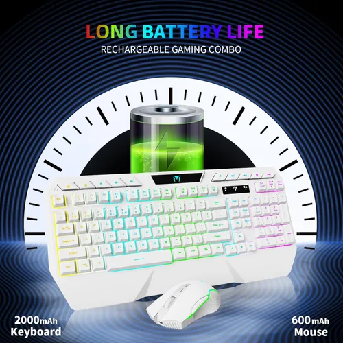 Vista 3 de Combo de teclado y mouse inalámbricos retroiluminación RGB, teclado inalámbrico recargable, reposamuñecas ergonómico, mouse retroiluminado, teclado