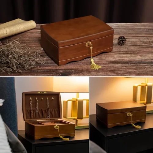 Vista 2 de EURIELK Joyero de madera con cerradura y llave para mujer tamaño mediano madera natural real con cerradura para niñas antiguas con gran