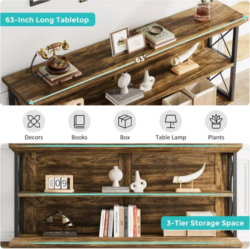 Vista 6 de Mesa de consola larga de 63 pulgadas con 3 niveles de almacenamiento para entrada, mesa de sofá de madera detrás del sofá para pasillo de sala