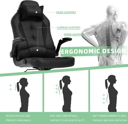 Vista 4 de Silla ergonómica para juegos con reposacabezas ajustable y soporte lumbar, cómoda silla de oficina de piel sintética con respaldo alto para adultos