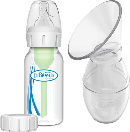 Vista 2 de Dr. Brown's Extractor de leche de una pieza de silicona 100% silicona, colector de leche materna manos libres con opciones anticólicos + biberón