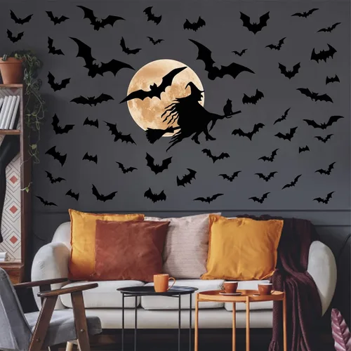 Vista 11 de Halloween Moon Wall Sticker Black Bat Wall Stickers Vinyl Crow Bird Tree Branch Wall Decals Removable Halloween Moon Bat Wall Decals Bats Window