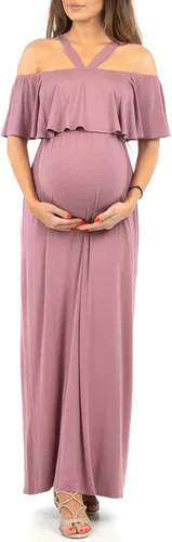 Vista 2 de Mother Bee Maternity - Vestido de maternidad con volantes y hombros descubiertos