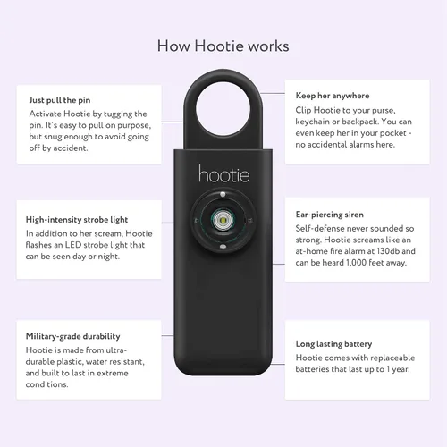 Vista 4 de Hootie Llavero de alarma personal para mujeres, hombres y niños, sirena de seguridad de mano, negro, menta y blanco (paquete de 3)