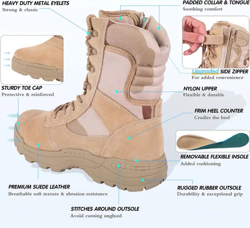 Vista 4 de RIELD Botas de trabajo tácticas militares para hombre, con cremallera lateral, botas de combate del ejército de la selva, 12
