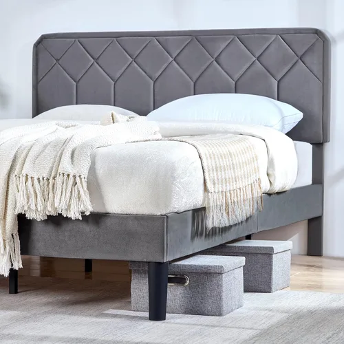 Vista 4 de VECELO Base de cama tamaño Queen con plataforma tapizada de cuero de alta calidad con cabecera ajustable en altura / base de colchón, soporte